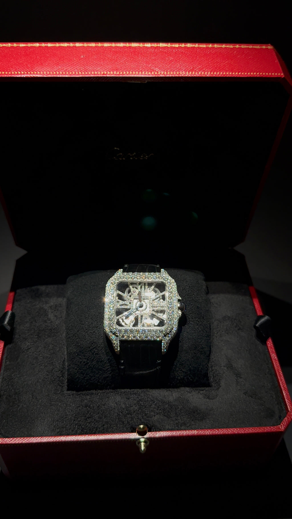 Iced Out Cartier Santos with Crocodile Strap